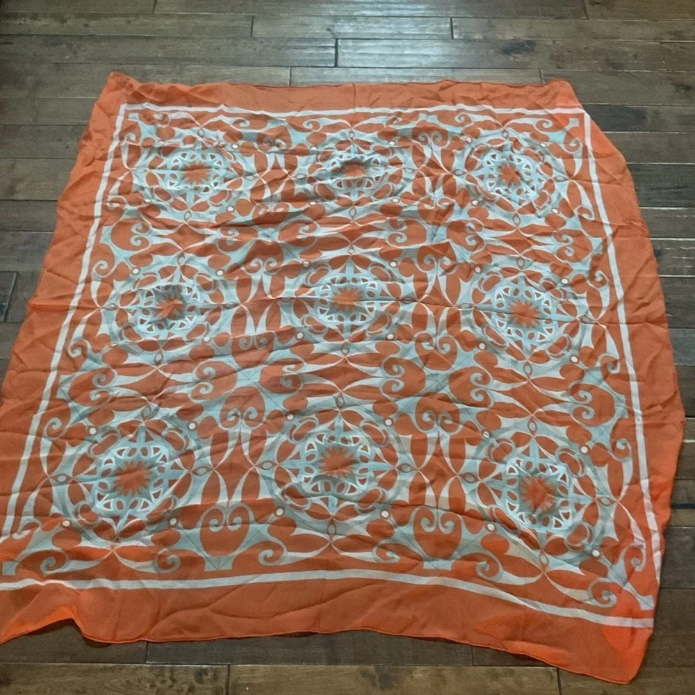 Anne Touraine Paris XL silk chiffon scarf- Versailles tangerine 54x54 retail$280